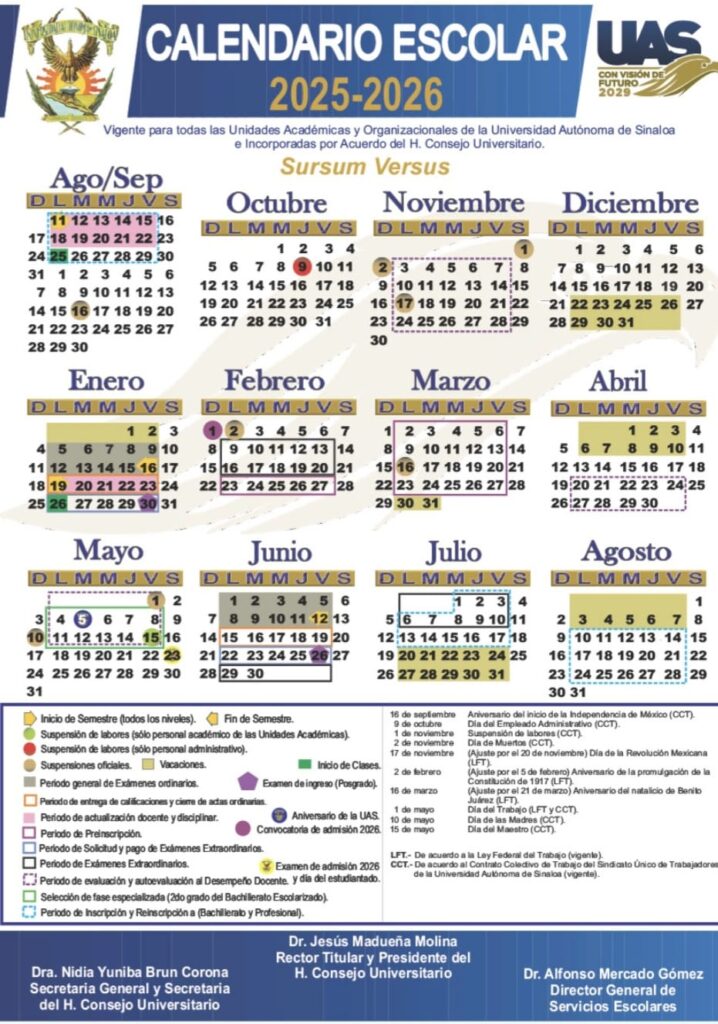 Calendario 2025-2026 de la UAS.