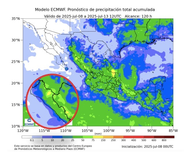 Proyección de acumulados de lluvias del 8 al 13 de julio