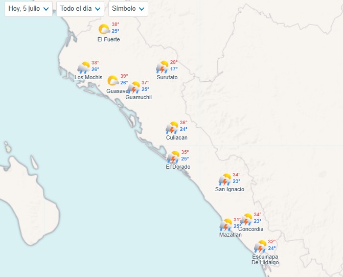 Condiciones del clima para Sinaloa este sábado 05 de julio