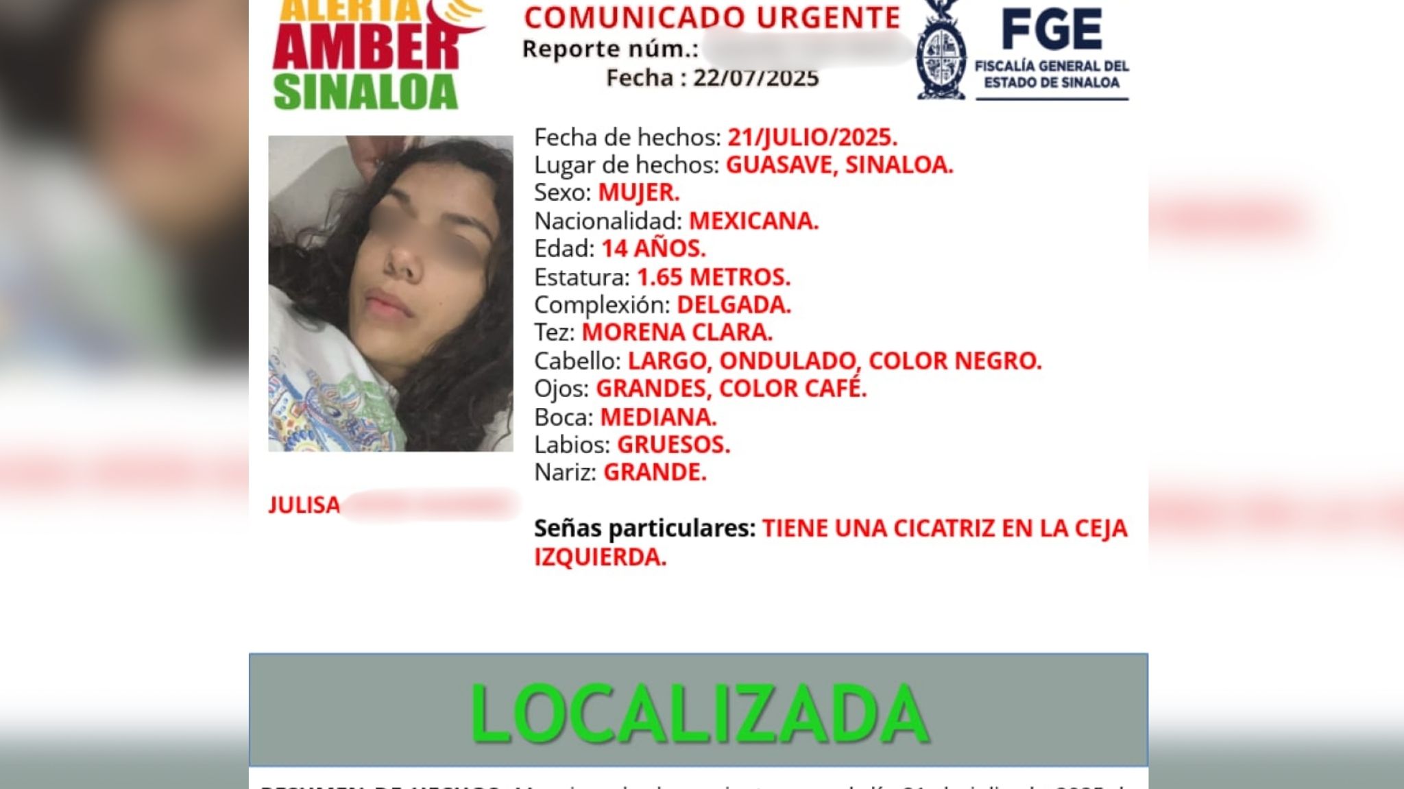 FGE desactiva Alerta Amber tras localizar sana y salva a la menor Julisa en Guasave