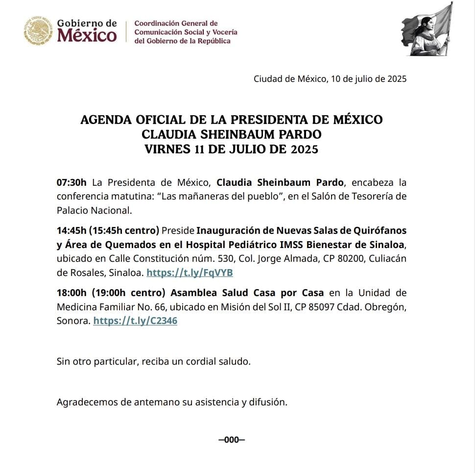 Comunicado del Gobierno de México sobre la agenda oficial de la presidenta Claudia Sheinbaum