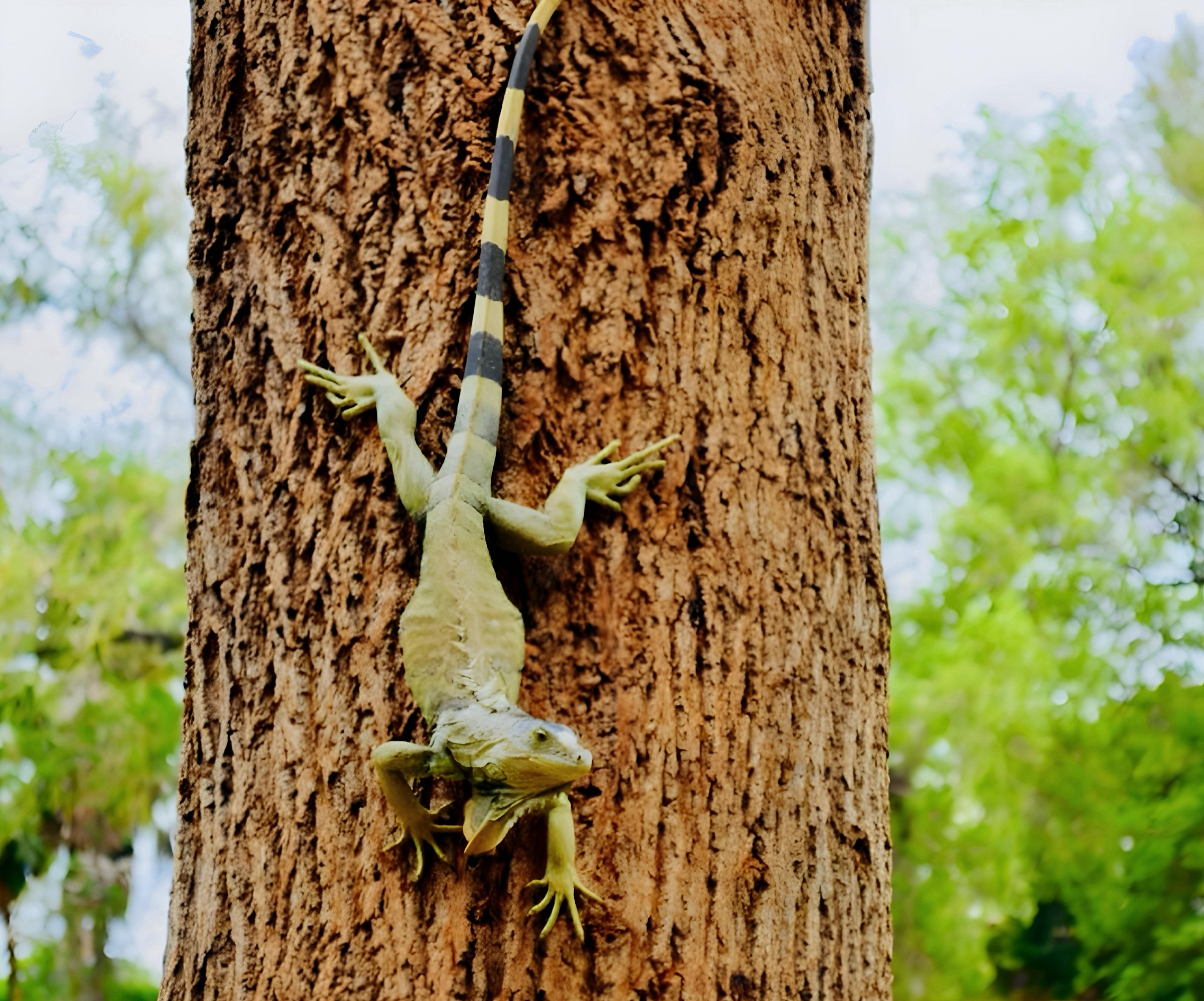 Iguana trepando un árbol.