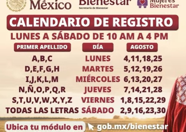 Calendario de registro a pensión para mujeres de 60 a 64 años de edad