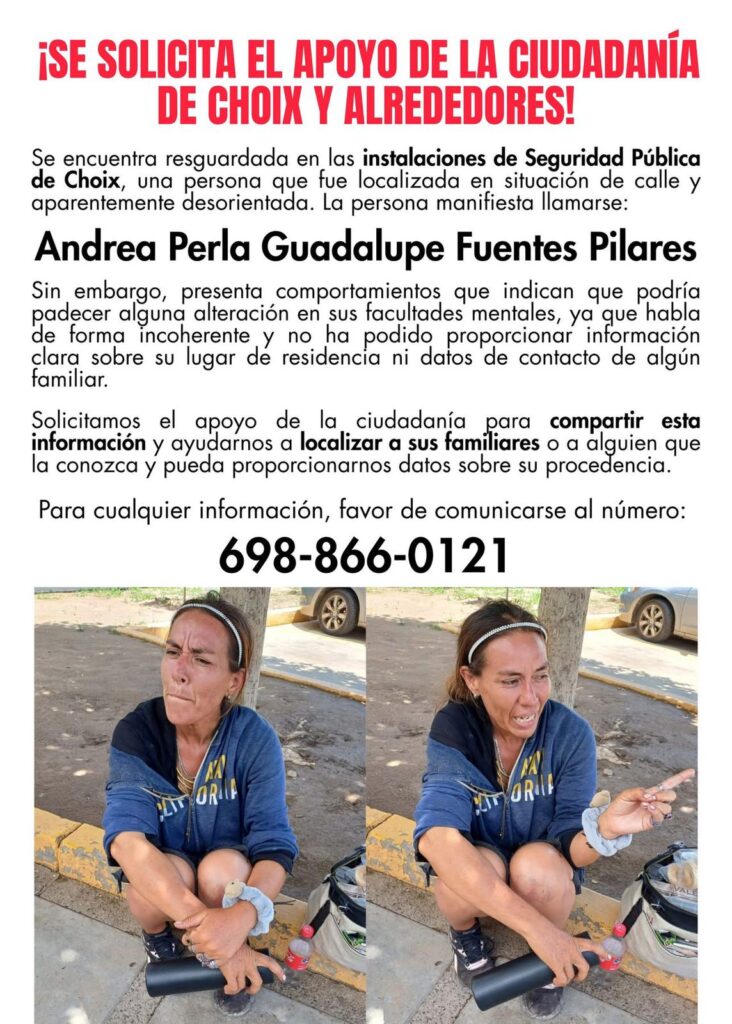 Piden ayuda para localizar a los familiares de Andrea Fuentes en Choix