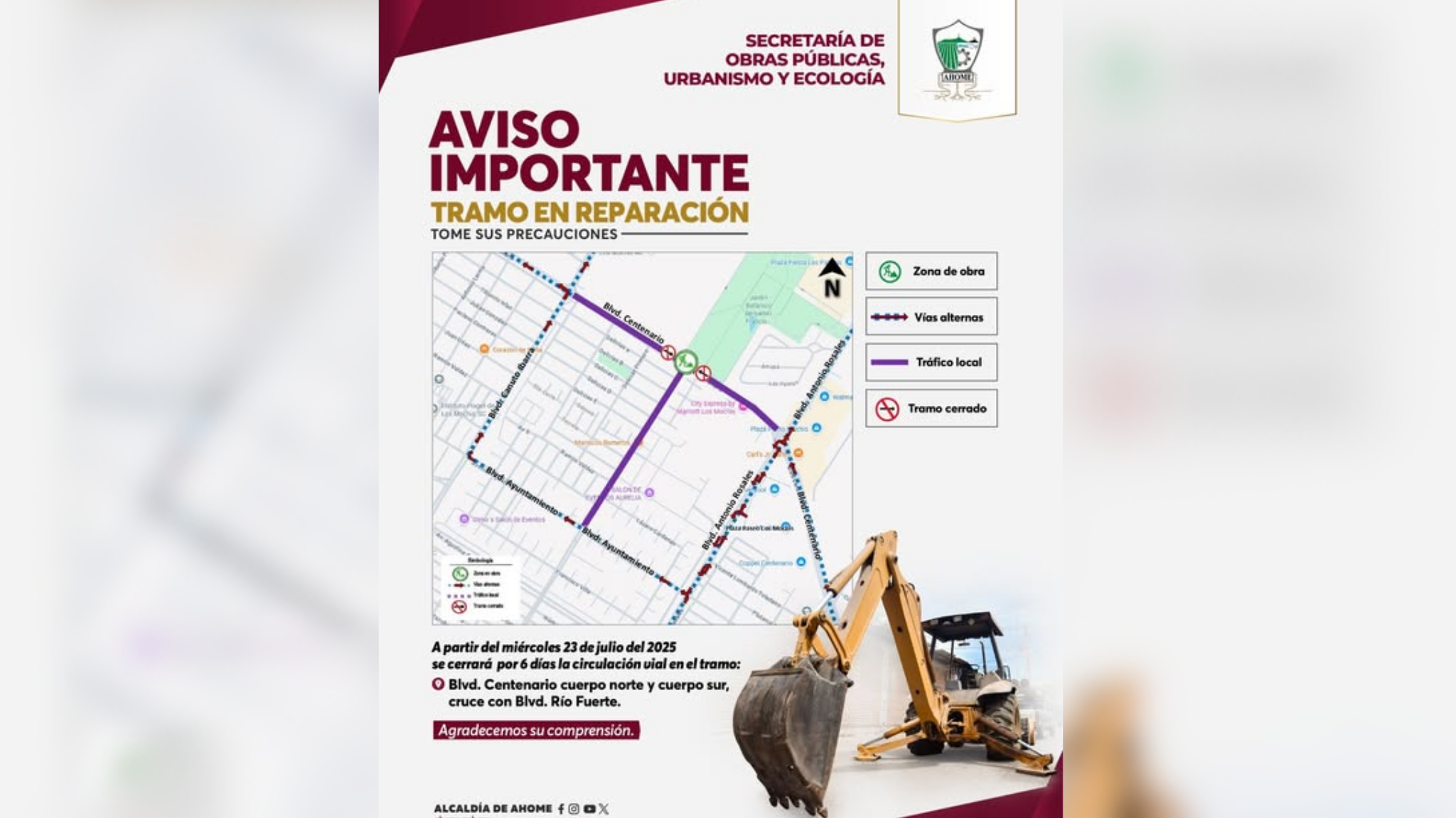 Tramo del bulevar Centenario estará cerrado a la circulación en Los Mochis