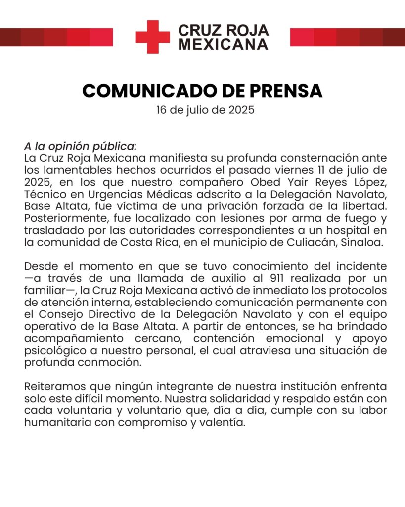 Tras crimen de paramédico continúan cerradas las bases de Cruz Roja Altata y Villa Juárez en Navolato