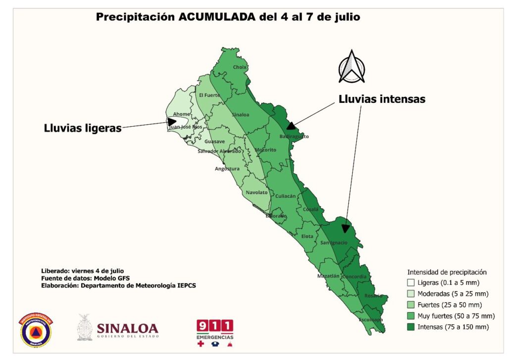 Precipitación acumulada en Sinaloa del 4 al 7 de julio