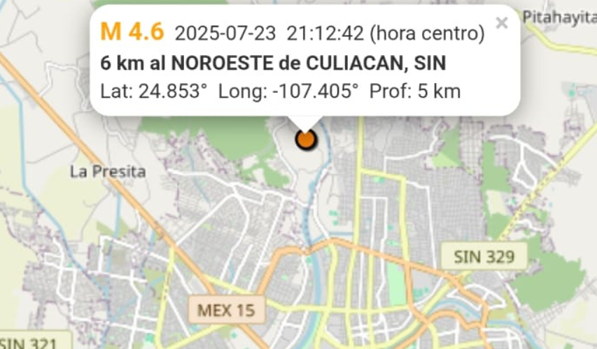 Servicio sismológico reporta sismo en Culiacán