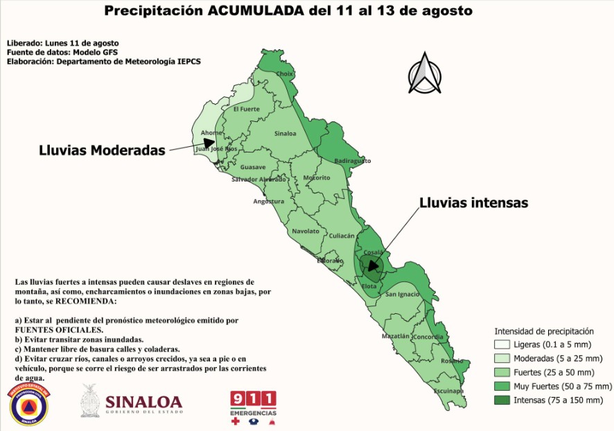 Acumulados de lluvias previstos entre el 11 y el 13 de agosto en zonas de Sinaloa. Protección Civil