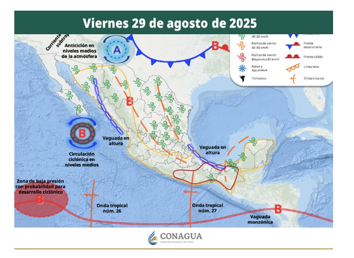 Áreas de vigilancia por potencial de tormentas en México. Sinaloa en el círculo. Conagua-SMN