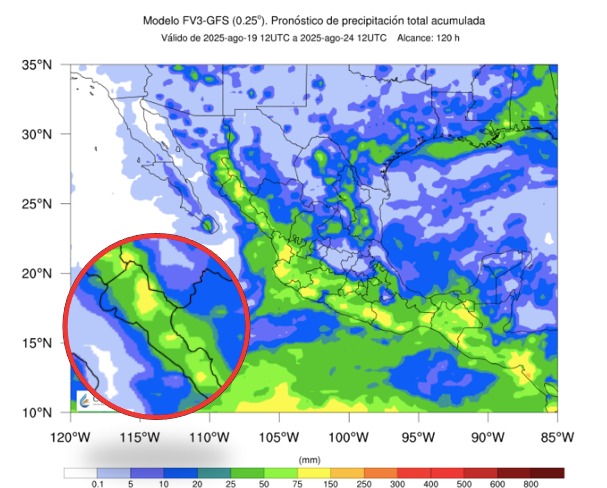 Áreas de vigilancia por potencial de tormentas en México. Sinaloa en el círculo. 