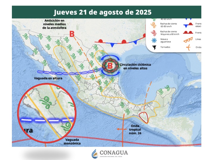 Áreas de vigilancia por potencial de tormentas en México. Sinaloa en el círculo.