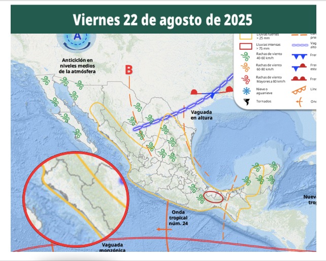 Áreas de vigilancia por potencial de tormentas en México. Sinaloa en el círculo. Conagua-SMN