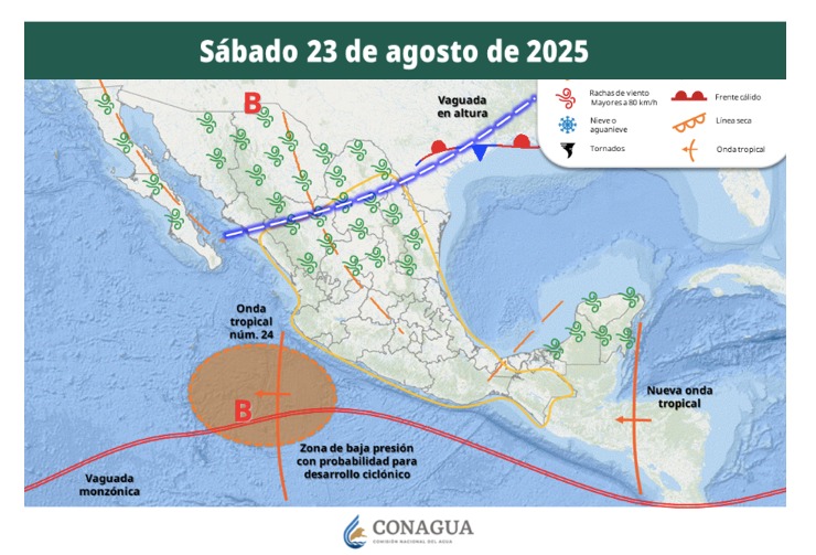Áreas de vigilancia por potencial de tormentas en México. Sinaloa en el círculo.