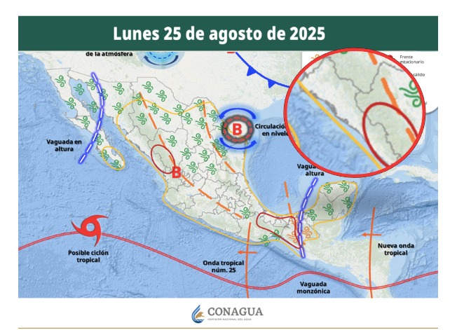 Áreas de vigilancia por potencial de tormentas en México. Sinaloa en el círculo. Conagua-SMN