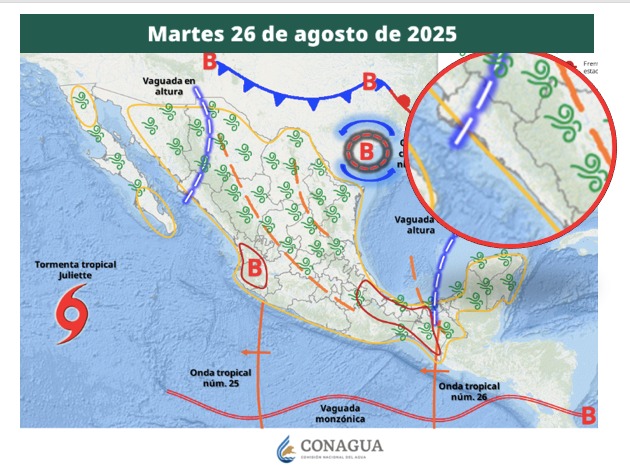 Áreas de vigilancia por potencial de tormentas en México. Sinaloa en el círculo. 