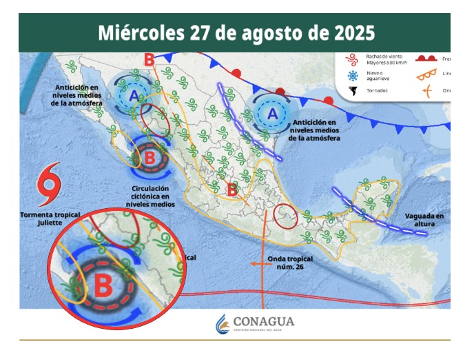 Áreas de vigilancia por potencial de tormentas en México. Sinaloa en el círculo. Conagua-SMN