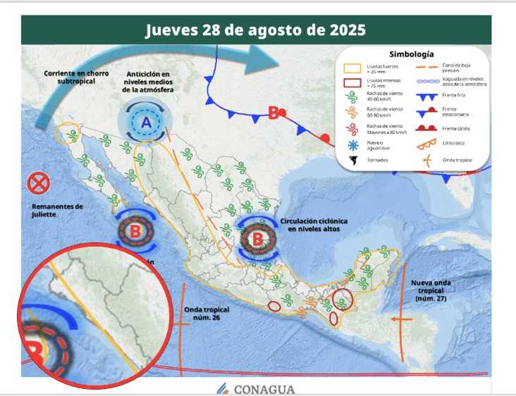 Áreas de vigilancia por potencial de tormentas en México. Sinaloa en el círculo. Conagua-SMN