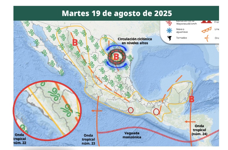 Áreas de vigilancia por potencial de tormentas en México. Sinaloa en el círculo. 