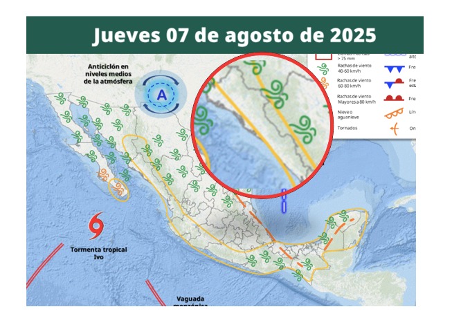 Áreas en vigilancia por desarrollo de tormentas significativas en las siguientes 24 horas en México. En círculo, Sinaloa. Conagua- SMN