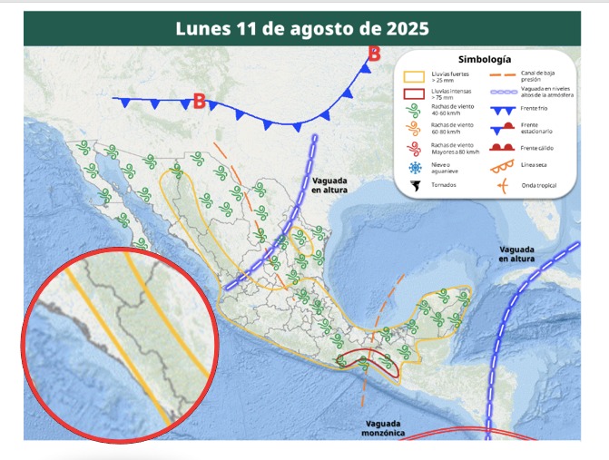 Áreas en vigilancia por desarrollo de tormentas significativas en las siguientes 24 horas en México. En círculo, Sinaloa. Conagua- SMN