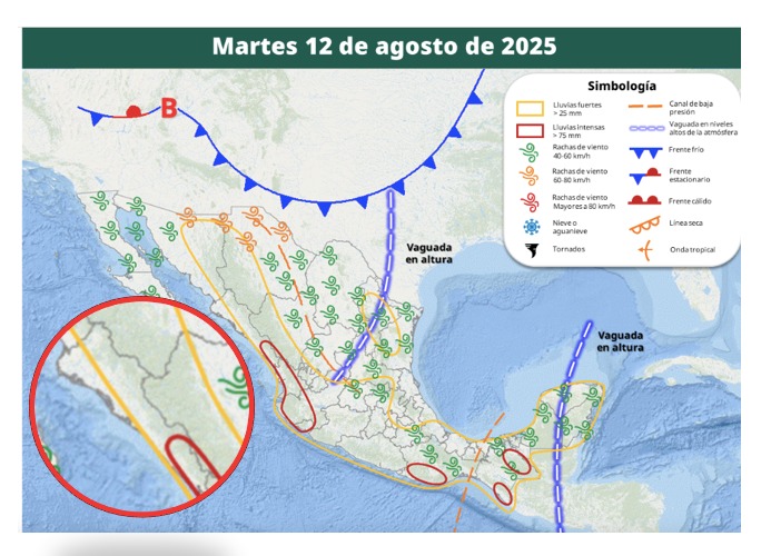 Áreas en vigilancia por desarrollo de tormentas significativas en las siguientes 24 horas en México. En círculo, Sinaloa. Conagua- SMN