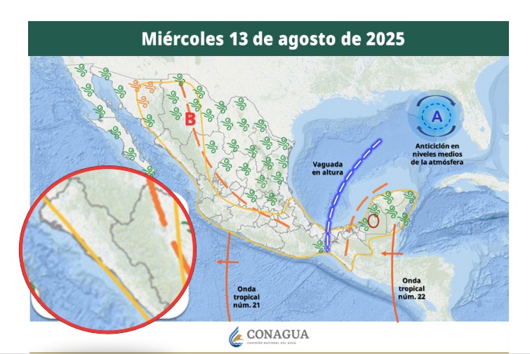 Áreas en vigilancia por desarrollo de tormentas significativas en las siguientes 24 horas en México. En círculo, Sinaloa. Conagua- SMN