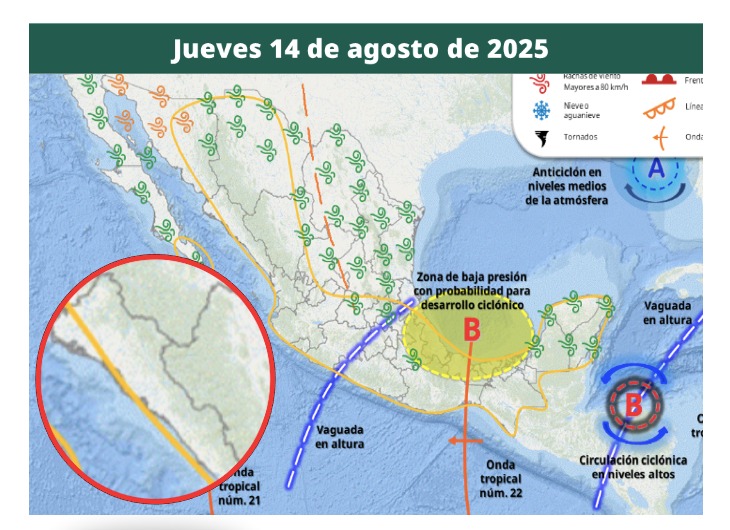 Áreas en vigilancia por desarrollo de tormentas significativas en las siguientes 24 horas en México. En círculo, Sinaloa. Conagua- SMN