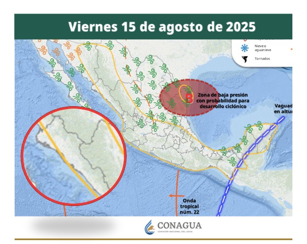 Áreas en vigilancia por desarrollo de tormentas significativas en las siguientes 24 horas en México. En círculo, Sinaloa. Conagua- SMN