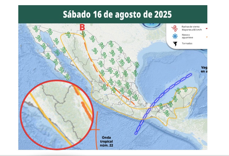 Áreas en vigilancia por desarrollo de tormentas significativas en las siguientes 24 horas en México. En círculo, Sinaloa. 