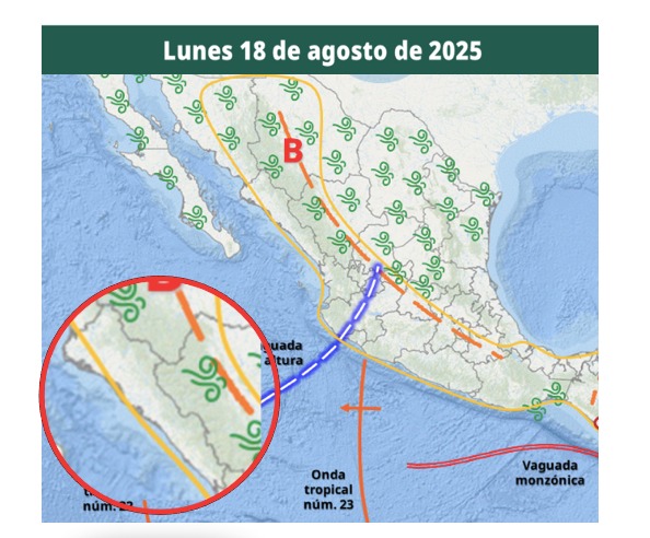 Áreas en vigilancia por desarrollo de tormentas significativas en las siguientes 24 horas en México. En círculo, Sinaloa. 