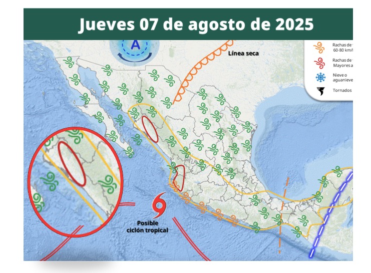 Áreas en vigilancia por desarrollo de tormentas significativas en las siguientes 24 horas en México. En círculo, Sinaloa.