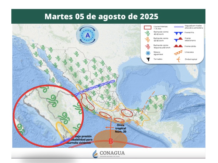 Áreas en vigilancia por desarrollo de tormentas significativas hoy en México. En el círculo, Sinaloa. Conagua-SMN