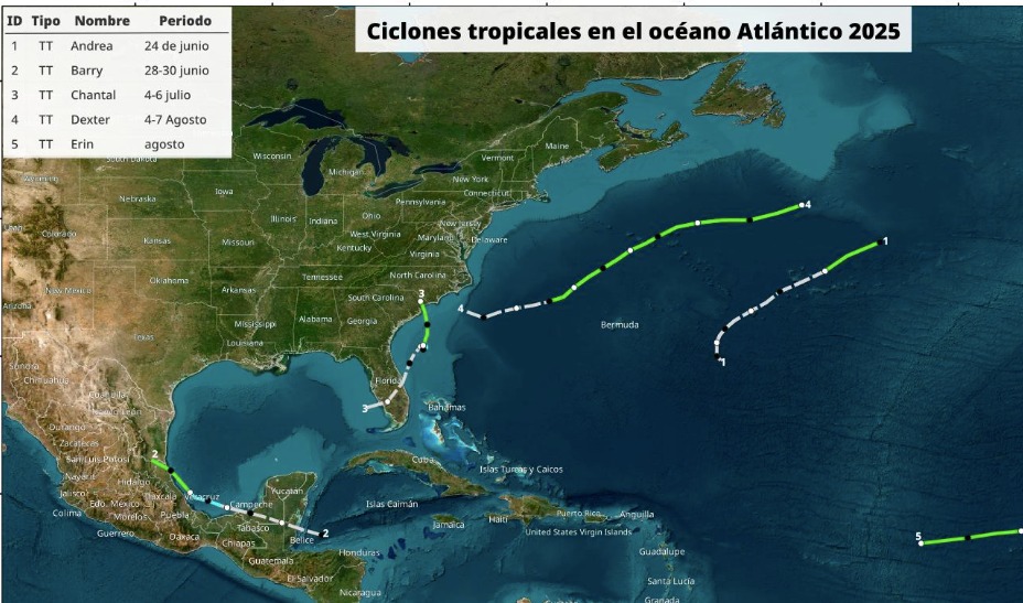 Así se han marcado los sistemas ciclónicos registrados en lo que va de la temporada 2025 en el Atlántico y mar Caribe.