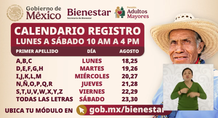 Calendario de registro para pensión de Adultos Mayores