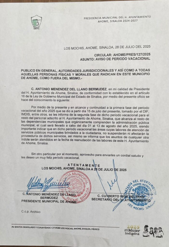 Circular del periodo vacacional para los empleados del Ayuntamiento de Ahome.