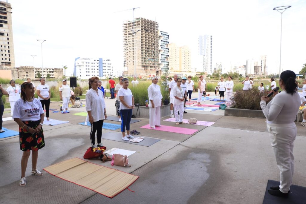 Adultos mayores participan en clase de yoga