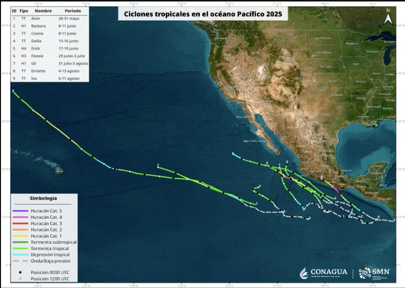 Esta ha sido la trayectoria de los sistemas ciclónicos registrados en lo que va de la temporada de ciclones 2025. Conagua-SMN