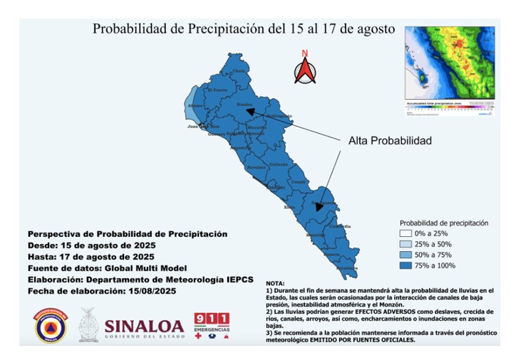 Expectativa de precipitación acumulada del 15 al 17 de agosto en Sinaloa. 
