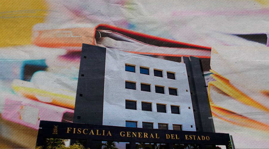 Edificio blanco con azul oscuro y ventanas y en el fondo una imagen de carpetas