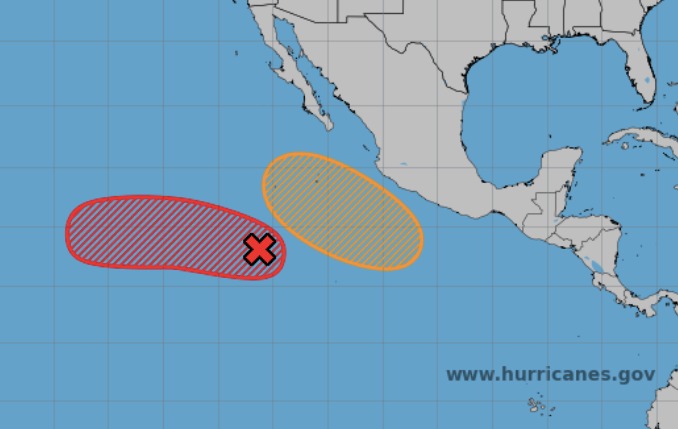 Imagen de satélite del NHC de los dos sistemas en vigilancia en el océano Pacífico