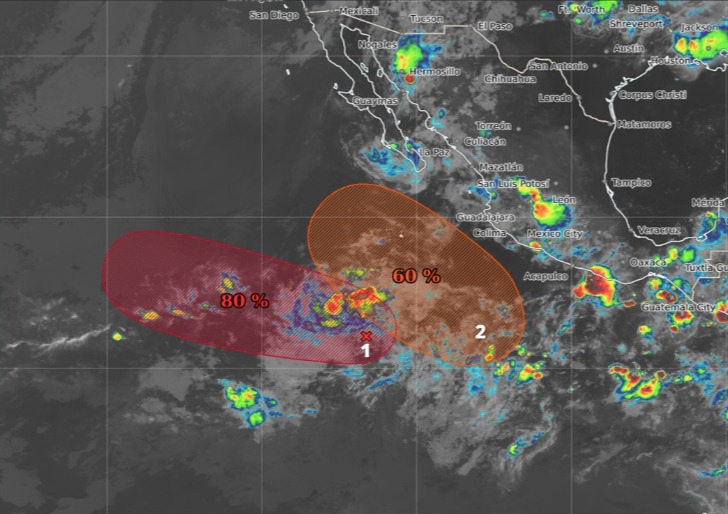 Imagen de satélite del SMN de los dos sistemas con potencial ciclónico en el Pacífico
