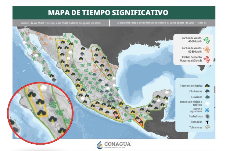 Mapa de tiempo severo hoy para México. Sinaloa en el círculo. 