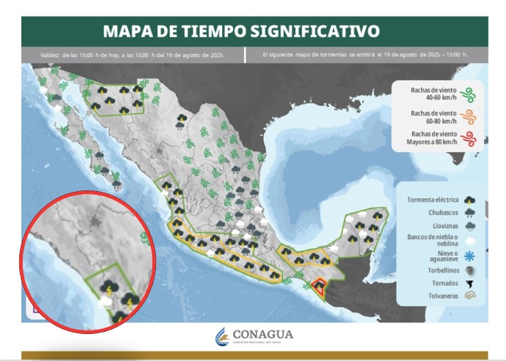 Mapa de tiempo severo hoy para México. Sinaloa en el círculo. 