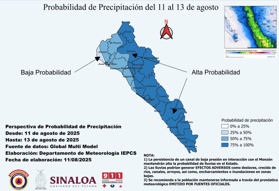 Perspectiva de probabilidad de precipitación para Sinaloa del 11 al 13 de agosto. Protección Civil