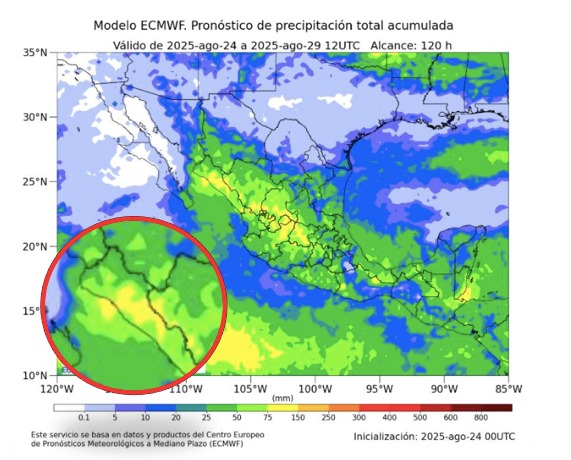 Potencial de acumulados de lluvias a cinco días para México. En círculo, Sinaloa. Conagua-SMN