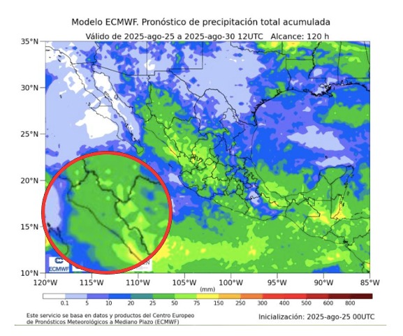 Potencial de acumulados de lluvias a cinco días para México. En círculo, Sinaloa. Conagua-SMN