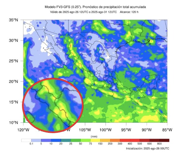 Potencial de acumulados de lluvias a cinco días para México. En círculo, Sinaloa. Conagua-SMN