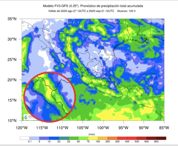 Potencial de acumulados de lluvias a cinco días para México. En círculo, Sinaloa. Conagua-SMN