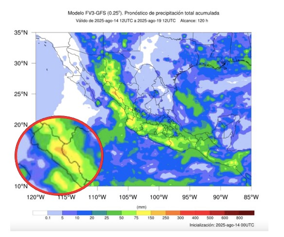 Potencial de acumulados de lluvias a cinco días para México. En círculo, Sinaloa. Conagua-SMN